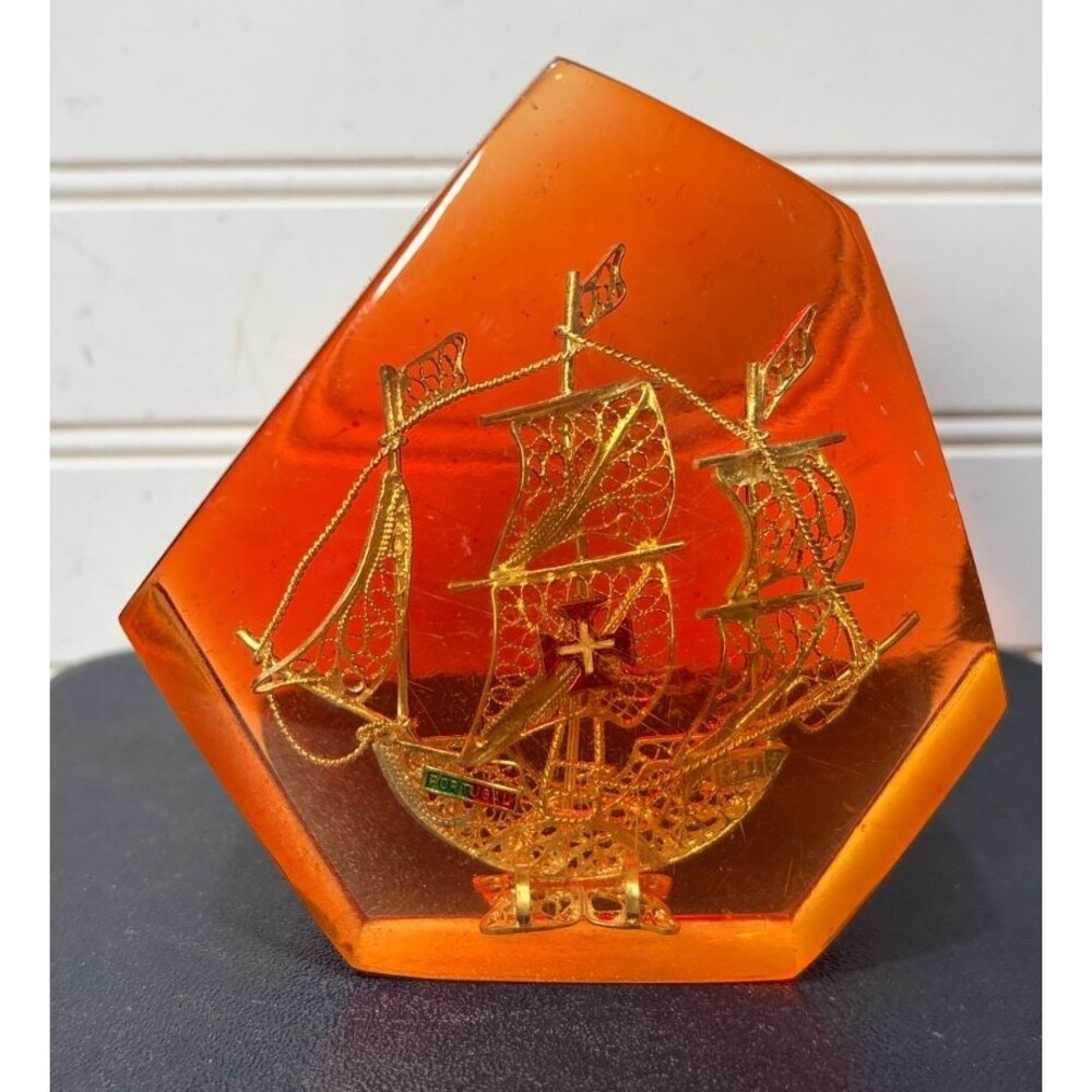 Vintage Portuguese souvenir  Acrylic / Lucite Gold Filigree Galleon Sailing Ship